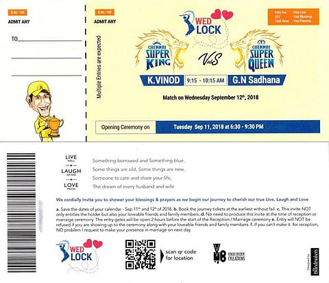 சிஎஸ்கே மேட்ச் டிக்கெட் போல் திருமண அழைப்பிதழ்: தோனியின் சூப்பர் ரசிகர் ருசிகரம்