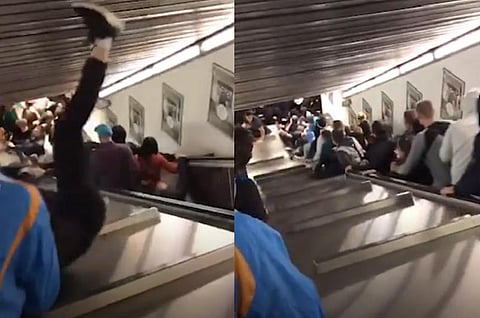 வேகமாக ஓடிய எஸ்கலேட்டர்: தூக்கி வீசப்பட்ட மக்கள்