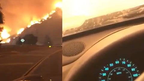 சுற்றி ஏரியும் தீ: உயிரை காக்க மின்னல் வேக கார் பயணம் -  காட்டுத் தீயில் சிக்கிய பெண்ணின் அனுபவம்; வைரலாகும் வீடியோ