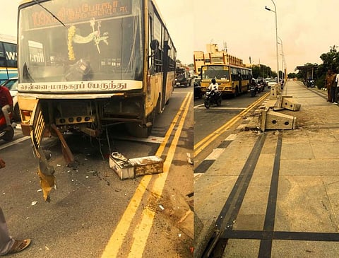 கடற்கரைச் சாலையில் அரசுப்பேருந்து மோதல்: சொகுசு கார் திடீர் பிரேக் போட்டதால் விபத்து: பேருந்து ஓட்டுநர் காயம்