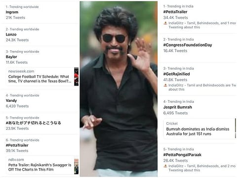 உலக அளவில் ட்ரெண்டாகும் #PettaTrailer: ரஜினி ரசிகர்கள் கொண்டாட்டம்