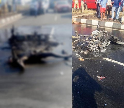 வேன் மீது மோதிய மோட்டார் சைக்கிள் வெடித்து தீப்பிடித்தது: உடல் கருகி உயிரிழந்த கல்லூரி மாணவர்