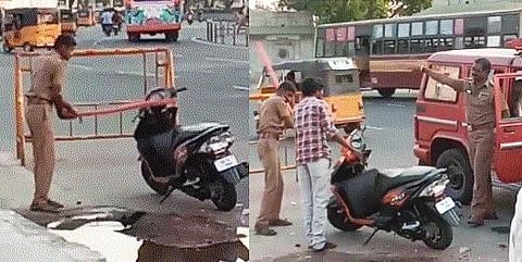 மாணவரின் மோட்டார் சைக்கிளை ரூல்தடியால் தாக்கி உடைத்த போலீஸார்: வைரலாகும் காணொளி