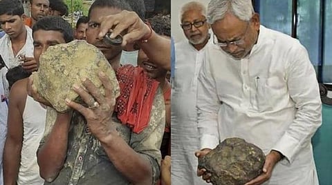 (முதல் படம்) விவசாயிகள் விண்கல்லைக் கண்டெடுத்தபோது, (இரண்டாவது படம்) முதல்வர் நிதிஷ்குமார் விண்கல்லைப் பார்வையிடுகிறார்.