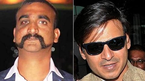 பாலோகோட் தாக்குதலோடு தொடர்புடைய விங் கமாண்டர் அபிநந்தன், (இரண்டாவது படம்) திரைப்படத் தயாரிப்பாளர் விவேக் ஓபராய்.