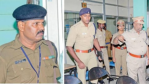 துப்பாக்கியால் சுட்ட செல்லநேரு. (அடுத்த படம்) துப்பாக்கிச்சூடு நடந்த வங்கியை பார்வையிட்ட டிஐஜி ரூபேஷ்குமார் மீனா.