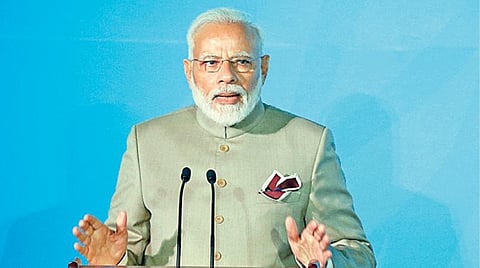 நியூயார்க்கில் நடந்த பருவநிலை மாறுபாட்டை தடுப்பது தொடர்பான மாநாட்டில் உரையாற்றிய பிரதமர் நரேந்திர மோடி