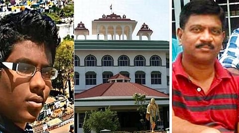 மாணவர் உதித்சூர்யா (இடது ஓரம்); உதித்சூர்யாவின் தந்தை வெங்கடேசன் (வலது ஓரம்)