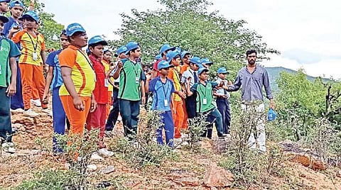 வனப்பகுதியை பசுமையாக்க விதைப் பந்துகளை வீசிய பள்ளி மாணவர்கள்