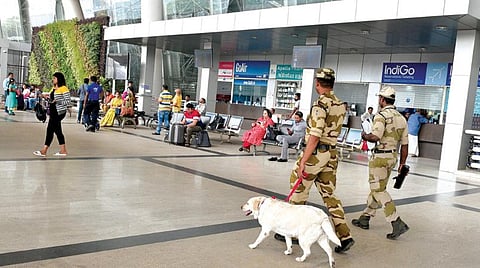 சென்னை மீனம்பாக்கம் விமான நிலைய வளாகத்தில் மோப்ப நாயுடன் பாதுகாப்பு பணியில் ஈடுபட்டுள்ள மத்திய தொழில் பாதுகாப்பு படை போலீஸார்.படம்: எம்.முத்துகணேஷ்