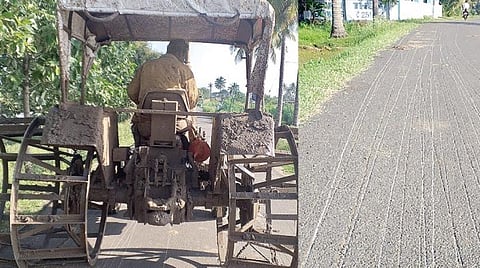 தேனி அருகே அம்பாசமுத்திரம் - குன்னூர் சாலையில் செல்லும் கேஜ்வீல் டிராக்டர். (வலது) கேஜ்வீல் டிராக்டரால் பாதிப்புக் குள்ளான தார்ச் சாலை.