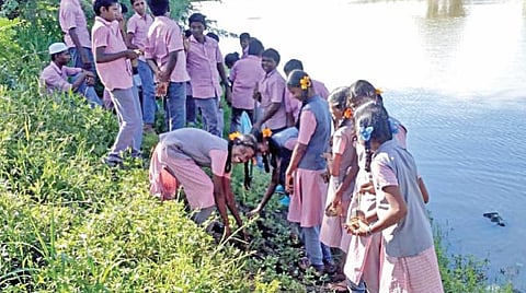 இளஞ்செம்பூர் ஊரணியில் பனை விதைகளை விதைத்த அரசு உயர்நிலைப் பள்ளி மாணவ, மாணவிகள்.