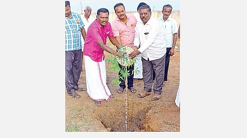 முப்பெரும் விழாவில் மரக்கன்று நடுகிறார் மாவட்ட கல்வி அலுவலர் ராஜலிங்கம். உடன், பள்ளித் தலைமை ஆசிரியர் ராஜராஜன், உதவி தலைமை ஆசிரியர் அழகு சுப்பிரமணியன்.