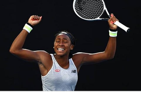 வெற்றி பெற்ற மகிழ்ச்சியில் அமெரிக்க வீராங்கனை கோகோ காஃப்