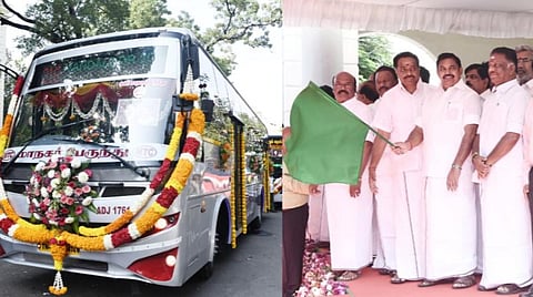 புதிய அரசுப் பேருந்துகளைத் தொடங்கி வைக்கும் முதல்வர் பழனிசாமி.