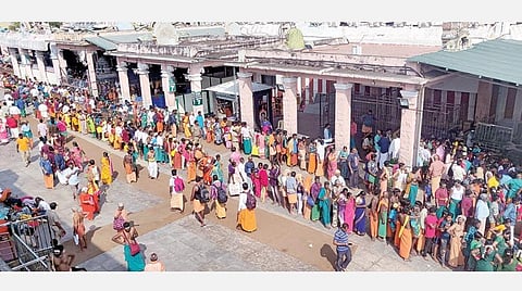 தைப்பூசத் திருவிழாவை முன்னிட்டு பழநி மலைக்கோயிலில் சுவாமி தரிசனம் செய்ய நீண்ட வரிசையில் காத்திருந்த பக்தர்கள்.