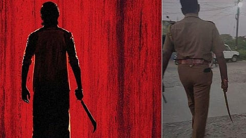 இடது- ஜெகமே தந்திரம் பட போஸ்டரில் தனுஷ்; வலது- தனுஷ் ரசிகர் கொண்டுவந்த வாளை பறிமுதல் செய்து செல்லும் காவலர்.