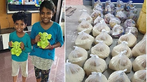 சைக்கிள் வாங்க சேகரித்த பணத்தில் ஏழைகளுக்கு அரிசி வாங்கிக்கொடுத்த திண்டுக்கல் மாவட்டம் வத்தலகுண்டு நகரை சேர்ந்த சிறுமிகள் வான்மதி, குருநிலா