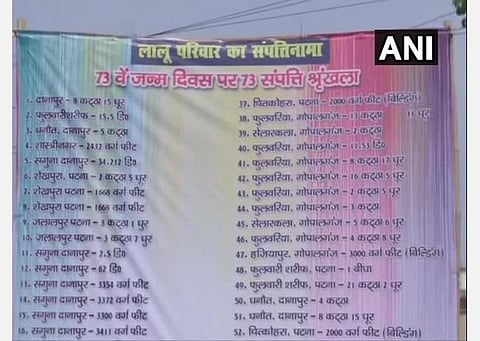 லாலு ஊழலைக் கிண்டல் செய்து போஸ்டரில் பட்டியல்.