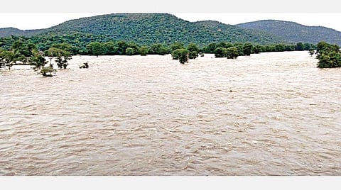 தருமபுரி மாவட்டம் ஒகேனக்கல் காவிரி ஆற்றில் நீர்வரத்து நேற்று விநாடிக்கு 1.50 லட்சம் கனஅடியாக அதிகரித்ததால், ஐந்தருவியை மூழ்கடித்தபடி ஓடும் தண்ணீர்.
