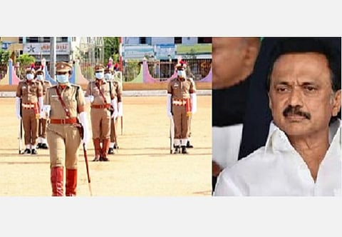 காவல்துறை அணிவகுப்பை தலைமையேற்று நடத்தும் காவல் ஆய்வாளர் மகேஸ்வரி - மு.க.ஸ்டாலின்