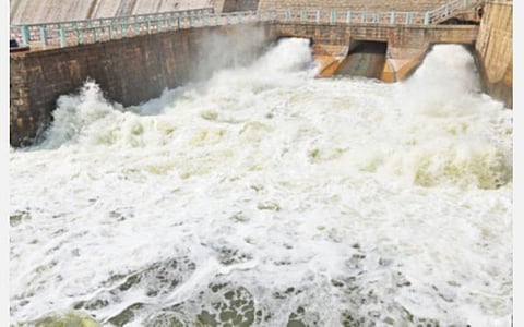 கிருஷ்ணகிரி அணையில் இருந்து 1358 கனஅடி தண்ணீர் வெளியேற்றப்படுகிறது. நுரை பொங்க சீறிப்பாய்ந்து செல்லும் தண்ணீர். 	   படம்: எஸ்.கே.ரமேஷ்