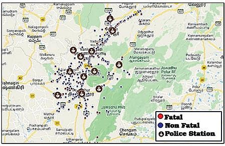 திருப்பத்தூர் மாவட்டத்தில் விபத்துகள் அதிகம் ஏற்படும் இடங்களை குறிக்கும் கூகுள் வரைபடம்.