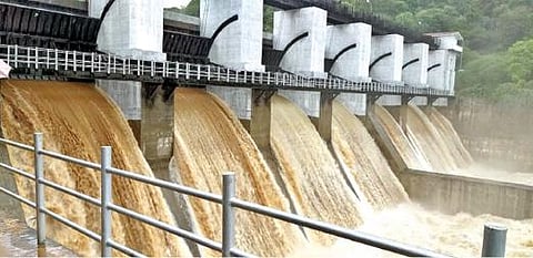 செண்பகத் தோப்பு அணையில் இருந்து 7 மதகுகள் வழியாக விநாடிக்கு 6 ஆயிரம் கனஅடி தண்ணீர் வெளியேற்றப்பட்டது.