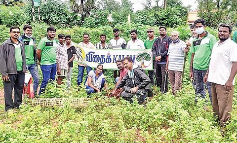 புதுக்கோட்டை மாவட்டம் திருவரங்குளம் அருகே தோப்புக்கொல்லை விநாயகர் கோயில் பகுதியில் நேற்று மரக்கன்றுகளை நடும் பணியில் ஈடுபட்ட விதைக்'கலாம்' அமைப்பினர்.