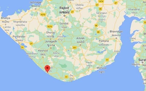 தொடர் நில அதிர்வுகள் ஏற்பட்ட கிர் சோம்நாத் மாவட்டத்தைக் குறிக்கும் கூகுள் வரைபடம்.