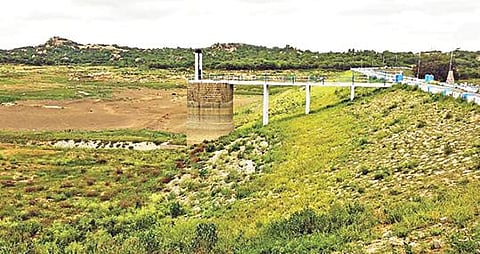 கிருஷ்ணகிரி மாவட்டம் சூளகிரி அருகே நீரின்றி வறண்டு காட்சியளிக்கும் சின்னாறு அணை.