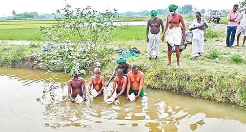 செய்யாறு அடுத்த நாவல் கிராமத்தில் நேற்று ஓடையில் காகித கப்பலை விட்டு நூதன போராட்டத்தில் ஈடுபட்ட விவசாயிகள்.