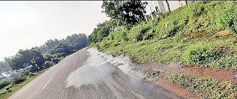 உடுமலை அருகே தாந்தோணி - துங்காவி சாலையில் வழிந்து செல்லும் பிஏபி பாசன நீர். படம்: எம்.நாகராஜன்