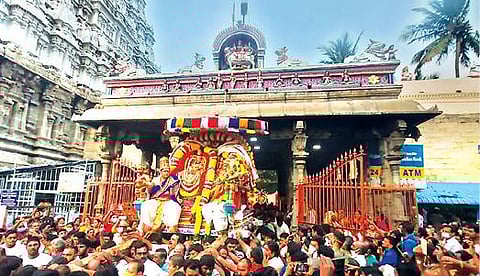 தி.மலை அண்ணாமலையார் கோயிலில் திட்டி வாசல் வழியாக வந்து சூரியபகவானுக்கு காட்சி கொடுத்த அண்ணாமலையார்.  அடுத்த படம்: மாட்டுப்பொங்கலையொட்டி  பெரிய நந்திக்கு சிறப்பு அலங்காரம் செய்யப்பட்டிருந்தது.