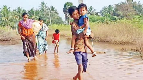 வகங்கை அருகே கண்மாயை அடைத் ததால் ஒரு மாதமாக 25 குடும்பங்கள் மழைநீரில் தத்தளித்து வருகின்றன