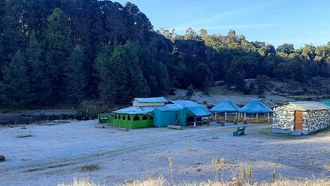 கொடைக்கானல் மேல்மலைப்பகுதி மன்னவனூரில் அதிக பனிப்பொழிவால், பச்சை நிற புற்கள் வெண்மையாக காட்சியளிக்கின்றன. 