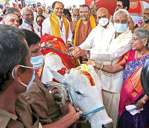 சென்னை தி.நகர் ஜி.என்.செட்டி சாலையில், திருமலை திருப்பதி தேவஸ்தானம் சார்பில் பத்மாவதி தாயாருக்கு கோயில் கட்டுவதற்கான பூமி பூஜை நேற்று நடந்தது. இந்நிகழ்ச்சியில் பங்கேற்ற காஞ்சி காமகோடி பீடத்தின் மடாதிபதி ஸ்ரீ விஜயேந்திர சரஸ்வதி சுவாமிகள், 8 கோயில்களுக்கு தலா ஒரு பசு, கன்றை வழங்கினார். உடன் திருமலை திருப்பதி தேவஸ்தானத்தின் தலைவர் சுப்பா ரெட்டி, உள்ளூர் ஆலோசனை குழு தலைவர் சேகர் ரெட்டி உள்ளிட்டோர்.படம்: க.ஸ்ரீபரத்