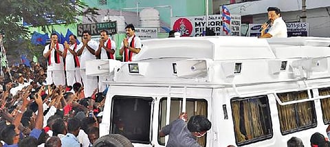 நாமக்கல்லில் நடைபெற்ற திமுக தேர்தல் பிரச்சாரக் கூட்டத்தில் மு.க.ஸ்டாலின் பேசினார்.