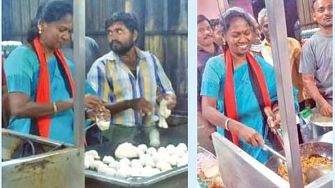 மானாமதுரை பழைய பேருந்து நிலையத்தில் உள்ள ஹோட்டலில் பிரைடு ரைஸ், பரோட்டா தயாரித்த திமுக வேட்பாளர் தமிழரசி.