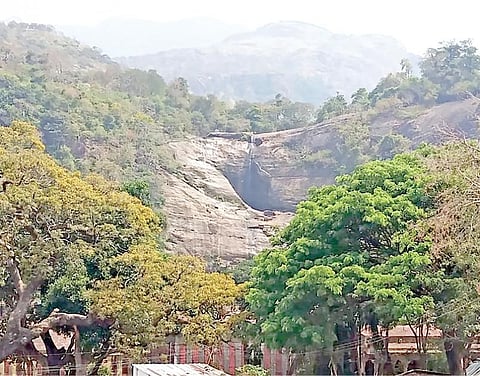 நீரின்றி வறண்டு காணப்படும் குற்றாலம் பிரதான அருவி.