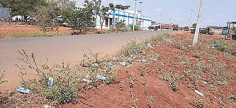 சிவகங்கை அரசு மருத்துவக் கல்லூரி மருத்துவமனை அருகே சாலையோரத்தில் கிடக்கும் பயன்படுத்தப்பட்ட முகக்கவசங்கள்.