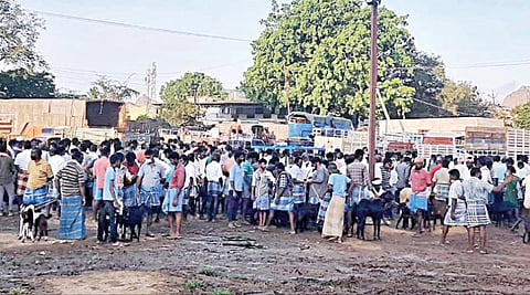 கரோனா கட்டுப்பாட்டை மீறி செஞ்சி வார சந்தையில் அதிகளவில் மக்கள் குவிந்தனர்.