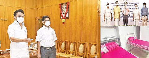 சென்னை தலைமைச் செயலகத்தில் இருந்து காணொலிக் காட்சி மூலம்  தேனி மாவட்டம் உத்தமபாளையம் அருகே 300 படுக்கை களுடன் கூடிய கரோனா சிகிச்சை மையத்தை முதல்வர் மு.க.ஸ்டாலின் திறந்துவைத்தார். உடன், தலைமைச் செயலர் இறையன்பு. இந்நிகழ்ச்சியில் (வலது மேல்) தேனியிலிருந்து பங்கேற்ற  ஆட்சியர் எச். கிருஷ்ணன் உண்ணி மற்றும் எம்எல்ஏக்கள்.