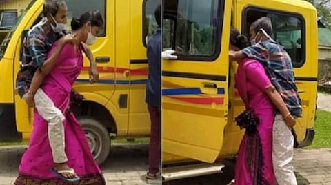 கரோனா சிகிச்சைக்காக மாமனாரை முதுகில் சுமந்துசென்ற மருமகளின் மனிதநேயம்