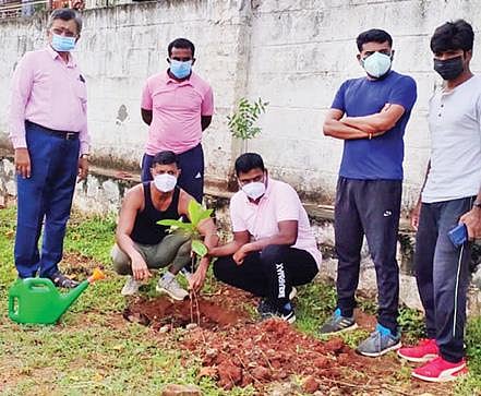 திருச்சி பெல் நிறுவன வளாகத்தில் நேற்று மரக்கன்று நடுகிறார் பொது மேலாளர் மற்றும் தலைவர் டி.எஸ்.முரளி. (அடுத்த படம்) திருச்சி தேசிய கல்லூரியில் மரக்கன்றுகளை நடும் எஸ்.பி.க்கள் மயில்வாகனன் (திருச்சி), செந்தில்குமார் (ரயில்வே) ஆகியோர். உடன், கல்லூரி முதல்வர் ஆர்.சுந்தரராமன் உள்ளிட்டோர்.