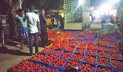 பெங்களூருவில் இருந்து சரக்கு வாகனத்தில் கொண்டு வரப்பட்ட தக்காளி கூடையை சோதனையிடும் போலீஸார்.