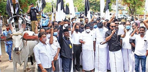 மாட்டு வண்டியில் இரு சக்கர வாகனம், எரிவாயு சிலிண்டர் ஆகியவற்றை ஏற்றி வந்து பெட்ரோல், டீசல், காஸ் விலை உயர்வைக் கண்டித்து ஆர்ப்பாட்டத்தில் ஈடுபட்ட மனிதநேய மக்கள் கட்சியினர். படம்: எல்.பாலச்சந்தர்