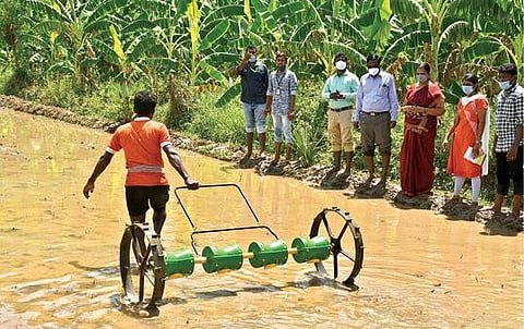 வல்லநாடு அருகே நாணல்காடு கிராமத்தில் நேரடி விதைப்பு கருவி மூலம் விவசாயி நெல் விதைப்பு செய்ததை வேளாண்மை அதிகாரிகள் ஆய்வு செய்தனர். 							      படம்: என்.ராஜேஷ்.