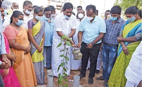 மதுரை அருகே இளமனூரில் மரக்கன்று நட்ட அமைச்சர் பி.மூர்த்தி, ஆட்சியர் எஸ்.அனீஷ்சேகர்.