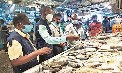 வேலூர் மீன் மார்க்கெட்டில் மீன்கள் தரம் குறித்து நேற்று ஆய்வு செய்த அதிகாரிகள் குழுவினர்.